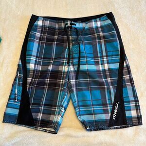O'Neill Men's Aqua and Black Plaid Board Shorts Size 34